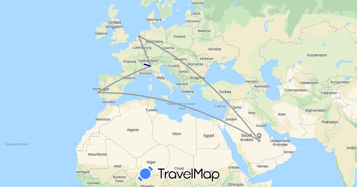 TravelMap itinerary: driving, plane in France, Italy, Netherlands, Portugal, Saudi Arabia (Asia, Europe)