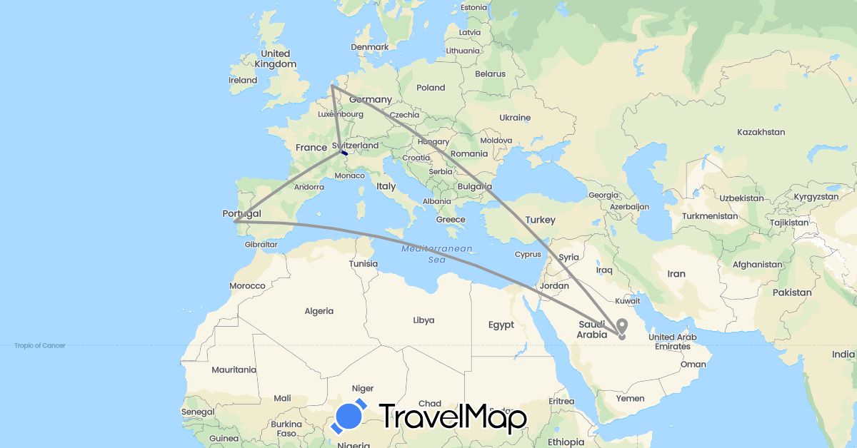 TravelMap itinerary: driving, plane in Switzerland, France, Netherlands, Portugal, Saudi Arabia (Asia, Europe)