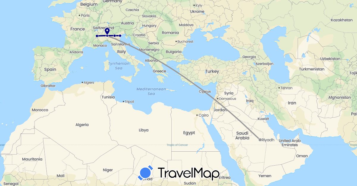 TravelMap itinerary: driving, plane in France, Italy, Saudi Arabia (Asia, Europe)